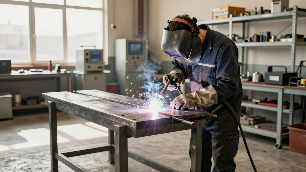 Soldador profesional trabajando con precisión en una pieza metálica dentro de un taller industrial iluminado y organizado