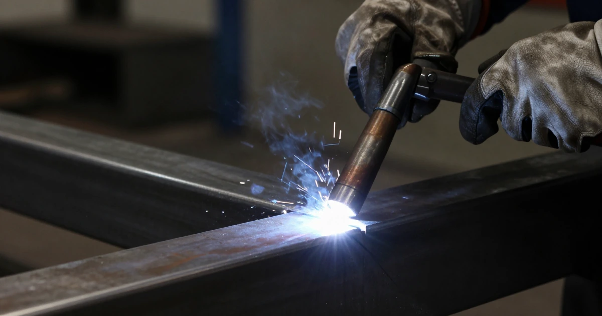 Manos enguantadas guiando una antorcha de soldadura sobre una unión de acero, con un arco brillante en un taller oscuro