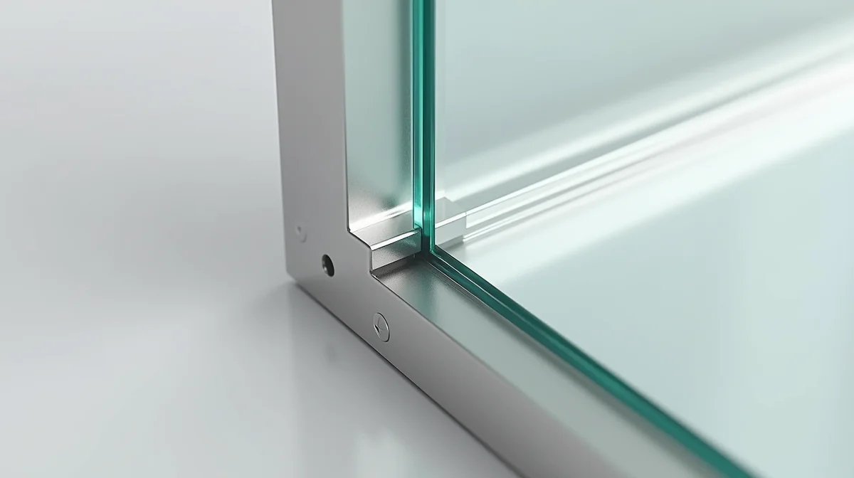 Ilustración técnica que muestra el perfil de soldadura TIG en acero inoxidable y la unión con paneles de vidrio templado
