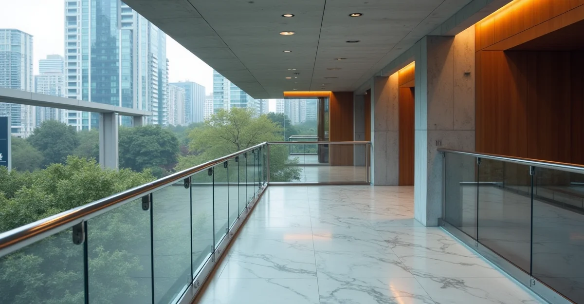 Fotografía de una barandilla de acero inoxidable y cristal templado instalada en un edificio moderno, sin texto sobre la