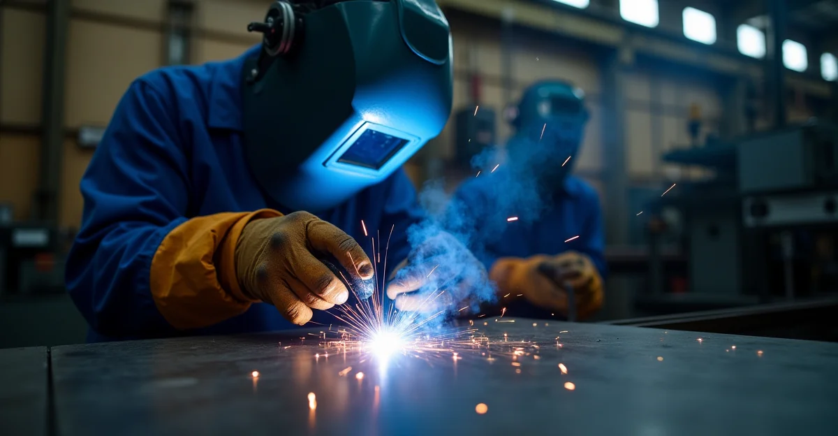 Fotografía de un taller industrial con operarios realizando soldadura TIG y corte bajo supervisión, sin texto en la imagen