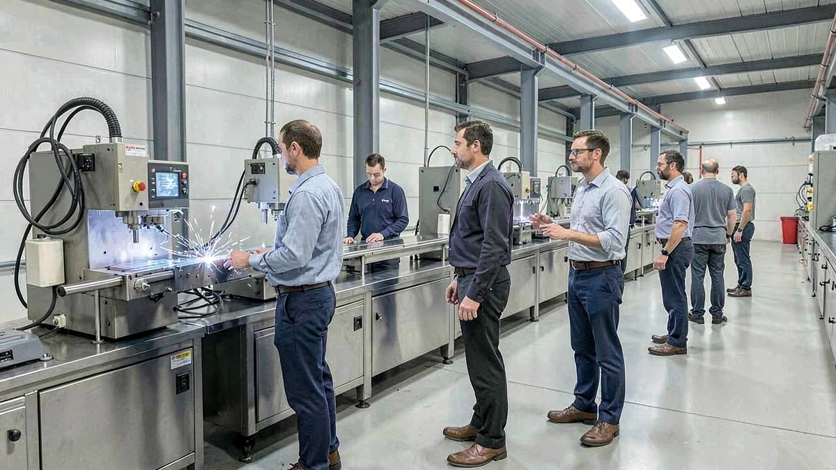 Una línea de producción de metalurgia con máquinas de soldadura y fabricación de precisión en un entorno industrial iluminado
