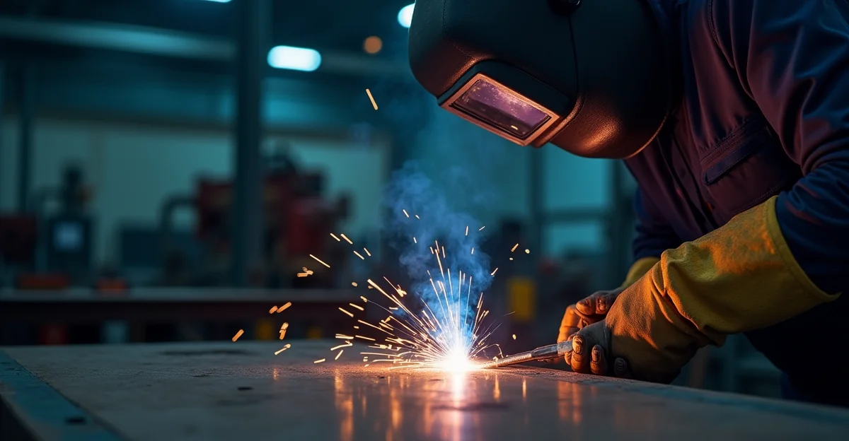 Soldador profesional realizando una unión TIG en una pieza de acero inoxidable, ambiente industrial mexicano
