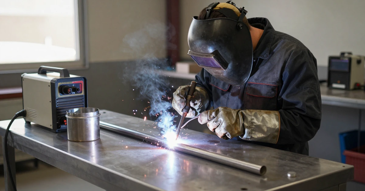 Soldador con equipo de protección trabajando con una antorcha TIG sobre una pieza de metal brillante en un taller iluminado