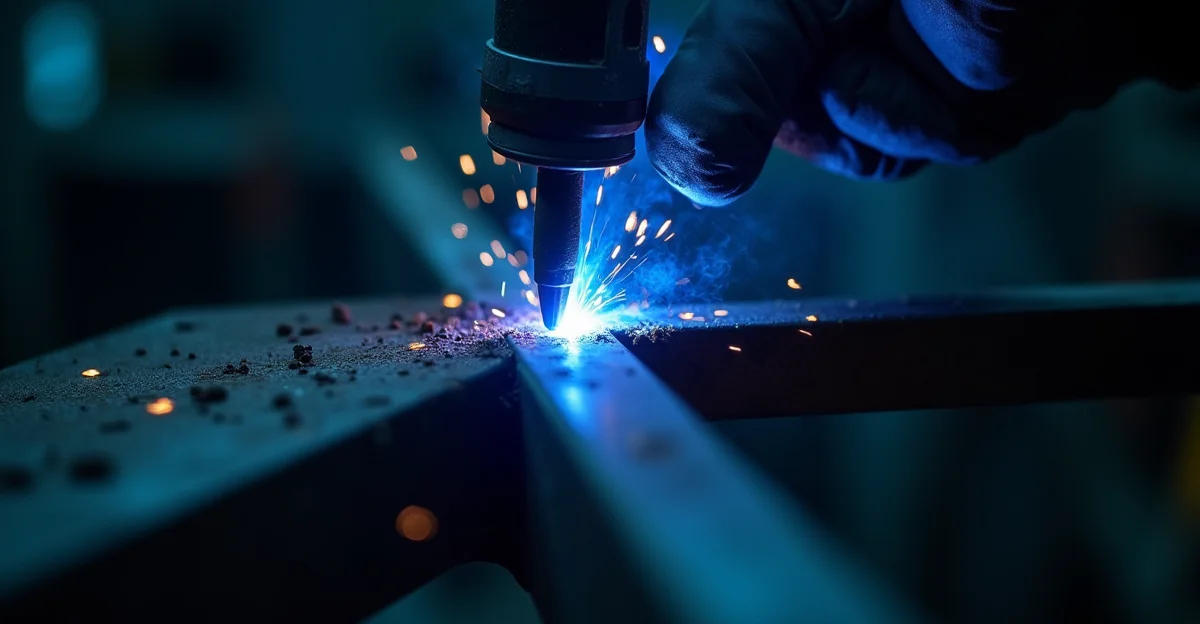 Fotografía de alta resolución de una soldadura GTAW en una pieza industrial, mostrando el arco y el electrodo sin texto